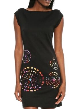 Desigual Black Cap Sleeve Sheath Dress with Colorful Cut Out Mosaic Front L